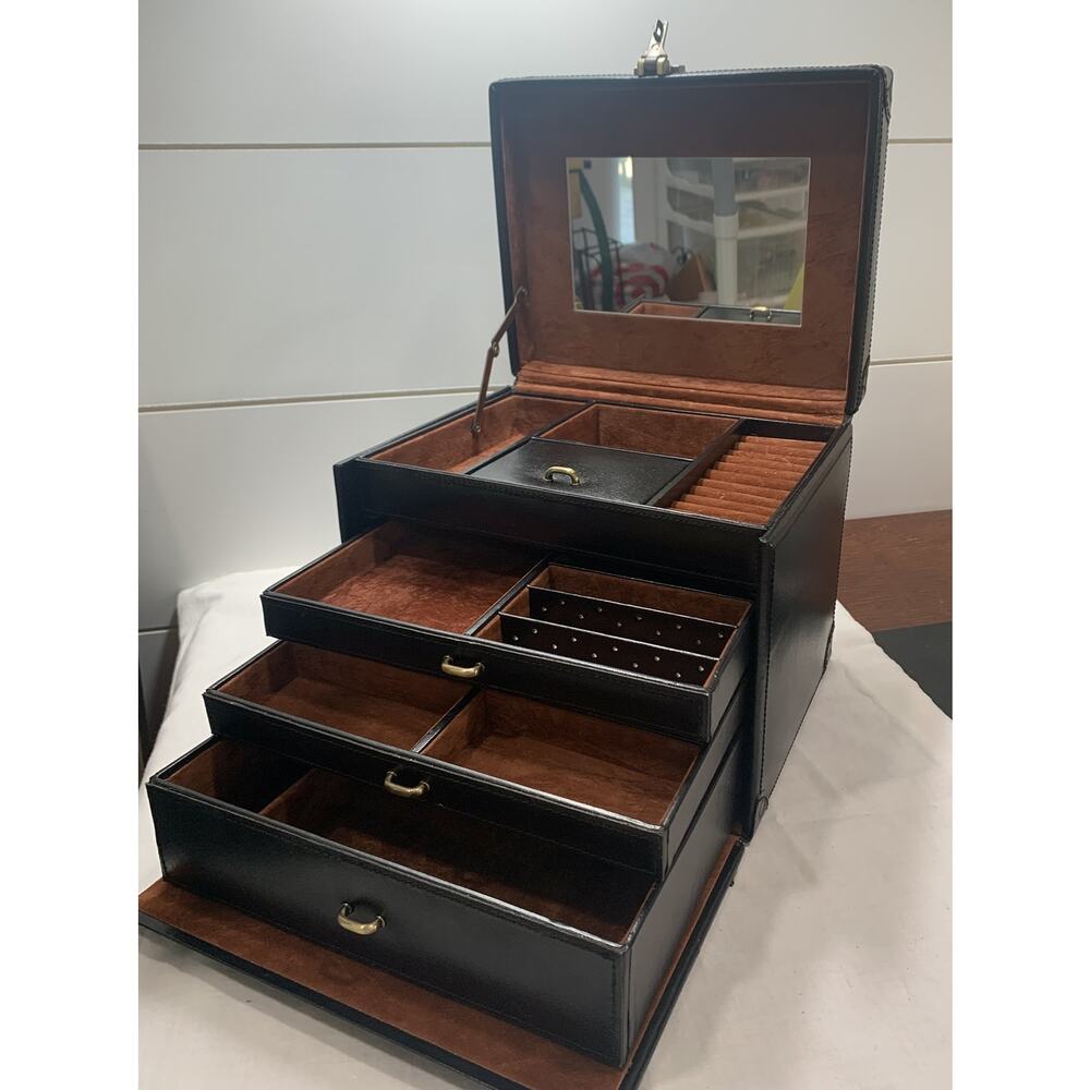 WOLF Black Leather Large 3 Drawer Jewelry Case Storage Box